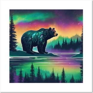 Brown Bear with Forest and Borealis, Colorful, Beautiful Posters and Art